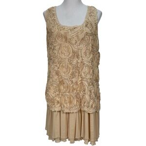 Pretty Angel Beige Rosette Textured Sleeveless Dress Large Boho Romantic Tunic